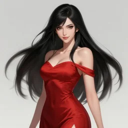 a highly detailed illustration of hime cut black long haired woman wearing red dress, elegant smiling pose, perfect face, perfect body, intricate, elegant, highly detailed, centered, digital painting, artstation, concept art, smooth, sharp focus, league of legends concept art, wlop