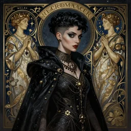 Necromancer Sorceress in center, fantasy magic, undercut hairstyle, dark light night, intricate, elegant, sharp focus, illustration, highly detailed, digital painting, concept art, matte, art by WLOP and Artgerm and Greg Rutkowski and Alphonse Mucha, masterpiece