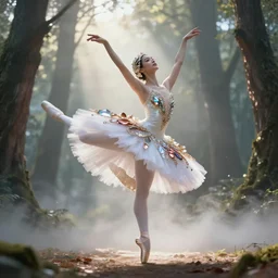 cinematic forest lighting, beauteous practical sumptuous ballerina dancing in volumetric soft glowing mist, elegant pose, white pearlescent, chrome, iridescent titanium, crystal, liquid gold, copper, bronze, crystalline masterpiece incrustations, hyperdetailed metalwork movie still, octane render, unreal engine, crepuscular rays,