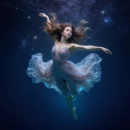 full - length portrait of a levitating floating dancer made of a starry galaxy, with long flowing hair, with cute - fine - face, pretty face, realistic shaded perfect face, underwater, wearing a flowing sundress, fantasy, cinematic, fine details by realistic shaded lighting poster by ilya kuvshinov katsuhiro otomo, magali villeneuve, artgerm, jeremy lipkin and michael garmash and rob rey