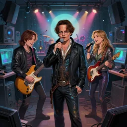 character art by ruan jia, johnny depp and amber heard at a music concert enjoying themselves, iridescent, subsurface scatter, room filled with computer equipment