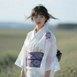beautiful japanese gilr standing in transparent kimono in blowing wind