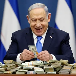 benjamin netanyahu laughing maniacally counting piles of cash