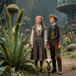 detailed, sharp, a girl and a boy standing next to some strange wild alien plants, looking happy, wearing 1840s era clothes, their small pet tiny alien creature is standing nearby, in a park on a strange alien planet, extremely highly detailed, in focus faces, still from a classic period sci fi color blockbuster movie, 4k, 35mm macro lens, high quality lighting, sharp focus