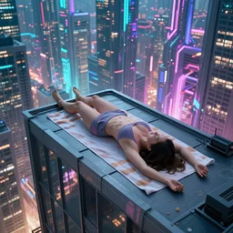 a girl laying on a beach towel on the roof of a building looking down at futuristic new york city, cyberpunk, ghostpunk, sci - fi, neon lights, highly detailed, by craig mullins