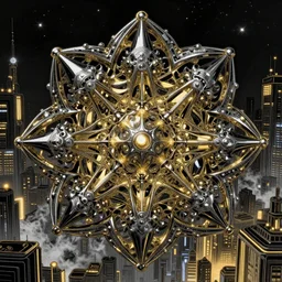 black and gold, Yoshitaka Amano, junji ito, smooth liquid metal with detailed line work, Mandelbulb fractal, Exquisite detail perfect symmetrical, silver details, hyper detailed, golden ratio, city night, steampunk, smoke, neon lights, starry sky, steampunk city background, liquid polished metal, by albert kiefer