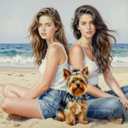 youth woman and a yorkshire dog sitting side by side, pencil art, oil paint, insanely detailed and intricate, hypermaximalist, elegant, ornate, hyper realistic, super detailed, beach background