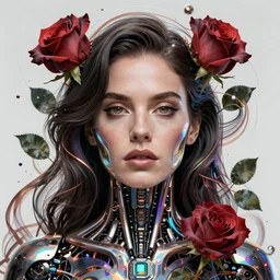 portrait of lana del rey as a cyborg. intricate abstract. roses. intricate artwork. by tooth wu, wlop, beeple, dan mumford. octane render, trending on artstation, greg rutkowski very coherent symmetrical artwork. cinematic, key art, hyper realism, high detail, octane render, 8 k, iridescent accents