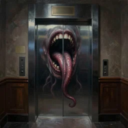 horrifying photorealistic painting of a 1 9 2 5 hotel elevator lobby, elevator doors look like a mouth, with a tentacle - shaped tongue, licking out, dark, atmospheric, brooding, smooth, finely detailed, cinematic, epic, lovecraft, in the style of lee gibbons