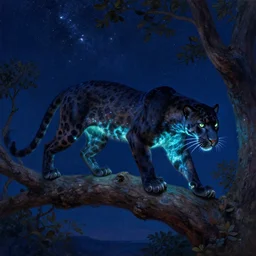 a realistic oil painting of a bioluminescent panther hunting on a tree branch, at night with a sky full of stars, highly detailed, trending on artstation, by james gurney and michael whelan and krenz cushart and alphonse mucha