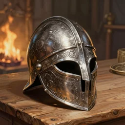 dented viking helmet on a table with wooden plates, firelight warm lighting, fantasy, intricate, elegant, highly detailed, digital painting, still life, artstation, concept art, matte, sharp focus, illustration, intricate, highly detailed, digital painting, watercolor, volumetric light, artstation, concept art, smooth, sharp focus, illustration, art by gil elvgren and greg rutkowski and willem kalf and jan philip van thielen