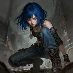 medium shot, low angle, grunge style, nice pale girl with midnight blue hair, messy dyed in midnight blue bob cut hairstyle, amber oval eyes, grunge clothes, jeans, high boots, dynamic pose, digital art, highly detailed, sharp focus, digital painting, artwork by Rutkowsky, by Victor Adame Minguez by Yuumei by Tom Lovell by Sandro Botticelli