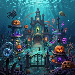 a horror based underwater suburban amusement park that incorporates darker halloween and ocean elements in its design imagery and features attractions and houses for an old vhs cover, halloween decorations, atlantis, shipwrecks, spooky, amusement park attractions, deep sea, horror themed, fun, in the style of stephen silver and genndy tartakovsky