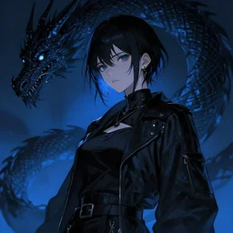 cyber noir, portrait, blue and black, female dragon, pixiv, artstation, highly detailed