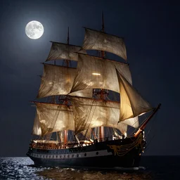 an extremely detailed masterpiece of the sailing vessel constitution frigate starboard bow, under sail at night under the full moon, in the style of denis peterson, epic scene, extremely moody lighting, glowing light and shadow, atmospheric, shadowy, cinematic, 4 k