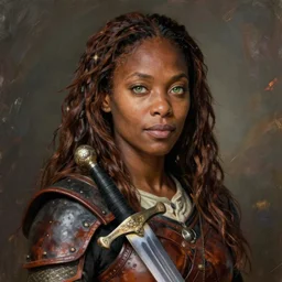 arabella mistsplitter, solo female darkskinned heroic soldier, midfifties, long brown hair, clear green eyes, african, ethiopian, magnificent oval face, leather armor, shortsword, beautiful symmetrical eyes, a female dnd fighter's portrait, clear eyed, realistic, by brian patterson and rhads!!!, palette knife background