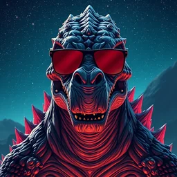a portrait of godzilla with sunglasses in front of the camera by inio asano, beeple and james jean, aya takano color style, 8 k, super detailed, night sky, digital art, digital painting, celestial, majestic, colorful, front