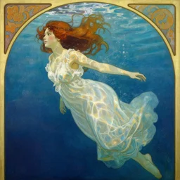 girl in a long dress underwater, caustics, painting by Alphonse Mucha Ayami Kojima Amano Charlie Bowater