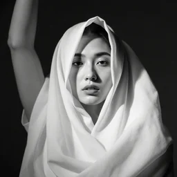 draped flying clothes around human face, black and white, fashion style