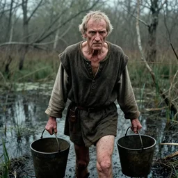 movie still close - up portrait of an skinny old man in medieval clothe carrying a bucket walking in a swamp mud, cinestill 8 0 0 t 3 5 mm eastmancolor, heavy grain, high quality, noir, natural textures, photorealistic, ambient occlusion, hd, ultra wide lens, anamorphic