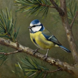 oil painting lanscape by anders zorn, closeup bluetit in pine tree forest, very very very very beautiful art, dramatic light, strong shadows