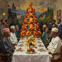 president muhammadu buhari sitted at a lavish banquet with a large bastion of chicken in the style of edward hooper and henri matisse yinka shonibare oil painting