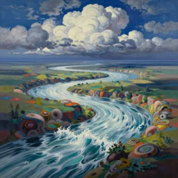 Psychedelic sci-fi dreamworld. Landscape painting. Organic. Winding rushing water. Waves. Clouds. Landscape by Alex Katz. Wayne Thiebaud.