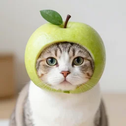 a cat wearing a fruit helmet