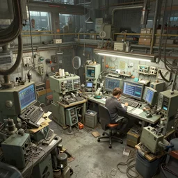 an extremely cluttered machine repair shop in 2067, art by Josan Gonzales and Dan Hillier, extremely detailed, fine detail, 8K