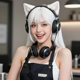 realistic detailed semirealism beautiful gorgeous buxom hot girl natural cute excited happy Blackpink Lalisa Manoban white hair white cat ears blue eyes, wearing apron, headphones, black leather choker artwork drawn full HD 4K high resolution quality artstyle professional artists WLOP, Aztodio, Taejune Kim, Guweiz, Pixiv, Instagram, Artstation