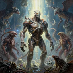 a painting of creatures in the void by h. r. giger, highly detailed, radiant light, intricate environment, deviantart, 4 k