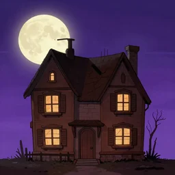 A creepy house under a full moon | Detailed cartoon art style | Brown house | Brown walls | Purple sky