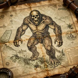 old torn treasure map showing the treasure of skull island, pirates treasure map, high detail, high res, hyperrealistic, skull island