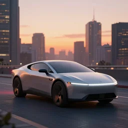 cyberpunk car in a city at sunset