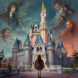 a highly detailed epic cinematic concept art cg render digital painting artwork : a girl in chernobyl disneyland, disneyland castle. by greg rutkowski, in the style of francis bacon and syd mead and norman rockwell and beksinski, open ceiling, highly detailed, painted by francis bacon and edward hopper, painted by james gilleard, surrealism, airbrush, ilya kuvshinov, wlop, stanley artgerm, very coherent, triadic color scheme, art by takato yamamoto and james jean