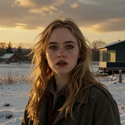 Elle Fanning in a snowy field, head and shoulders masterpiece, apocalypse, golden hour, cosmic horror, artstation, in the style of Andrew Wyeth and Edward Hopper, extremely detailed