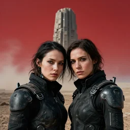 cinestill 5 0 d photographic portrait of two loving female androids wearing rugged black techwear on a desolate plain with a red sky in front of a brutalist monolith, extreme closeup, cyberpunk style, dust storm, 8 k, hd, high resolution, 3 5 mm, f / 3 2, ultra realistic faces, ex machina, steve mccurry photography
