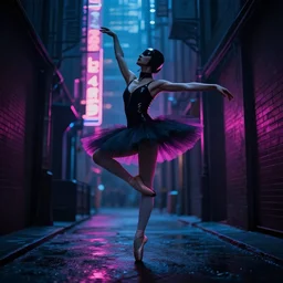 cyberpunk ballerina assassin, in dark alley, cityscape, neon lights, dramatic lighting, 8k, photorealistic ultra realistic