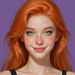 portrait of a beautiful smiling girl with orange hair and freckles, green eyes, intricate, elegant. highly detailed, digital painting, artstation, concept art, smooth, sharp, focus, illustration. background is purple, art by artgerm and Ross Tran