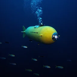 the 8 th sea, full of bioluminescent fish, exploratory submarine is in view. the water is dark
