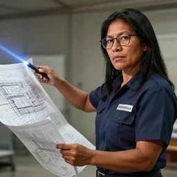 epic portrait of slightly muscular indigenous visionary woman wearing short sleeved instructor uniform pointing lase pointer on construction blueprint, architecture, glasses, detailed, artstation, concept art, donato giancola, joseph christian leyendecker, wlop, boris vallejo, breathtaking, 8 k resolution, extremely detailed beautiful, establishing shot, artistic hyperrealistic, beautiful face octane render