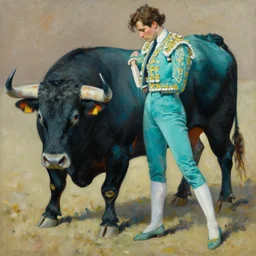 high quality high detail painting by lucian freud and jenny saville, hd, a spanish bullfighter, turquoise color, photorealistic lighting