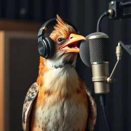 a photograph of a bird wearing headphones and speaking into a high - end microphone in a recording studio.