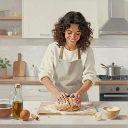modern oil painting of a happy woman with dark curly hair making sourdough in a bright kitchen
