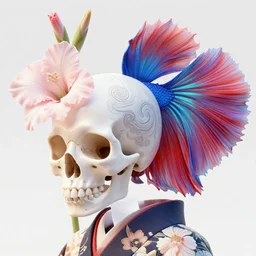 3 d octane render, japanese kimono art close - up swirly human skull!!! giant gladiola betta fish!! jellyfish phoenix fire energy flow, highly detailed. by wlop, tooth wu, greg rutkowski, alena aenami, beeple