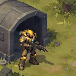 fallout enclave fighter in power armor with a minigun in his hands stands next to the entrance to the shelter from fallout, fallout 2 stylization, isometric, post - apocalyptic,