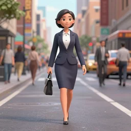 a woman in a business suit walking down a busy city street. 3 d octane render