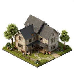 post - apocalyptic suburban house. isometric. 4 k photorealistic game asset, white background