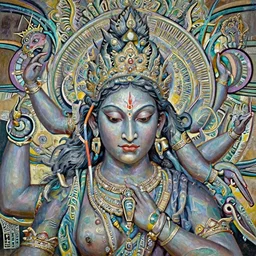 A cinematic closeup portrait of the colossal Hindu demon princess, by Wayne Barlowe, by Sandro Botticelli, by Paul Lehr, by Bruce Pennington, by HR Giger, oil on canvas, masterpiece, trending on artstation, featured on pixiv, cinematic composition, dramatic pose, beautiful lighting, sharp, details, details, hyper-detailed, no frames, cyan and green, 8K