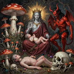 horror vacui depicting sacred and profane, birth, love, death, God, devil, reproduction, psychedelic, mushrooms